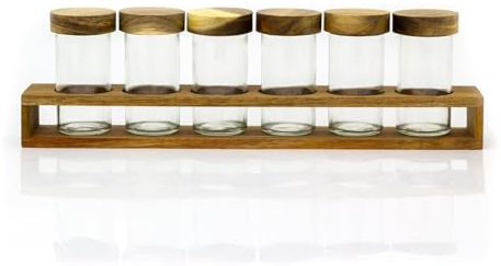 Carousel Home Free Standing Spice Rack & 6 Glass Jars | Set of 6 Glass Jars In Acacia Wood Holder | Spice Rack With Jars Kitchen Organiser
