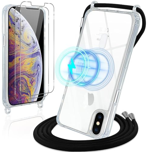 Vauki Magnetisch Hülle für iPhone XS Max mit Band, Kompatibel mit MagSafe, Handyhülle Durchsichtig Dünn Silikon mit Handykette Kordel, Stoßfest Schutzhülle für iPhone XS Max, Schwarz