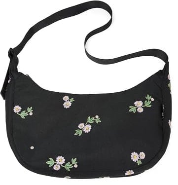Ela Mo Moon Bag - Schöne Damen Halbmond Tasche - Nachhaltige Crossbody Bag aus recyceltem PET, schicke halbrunde Schultertasche für Alltag & Reisen (Embroidery Edition Upsy Daisy)