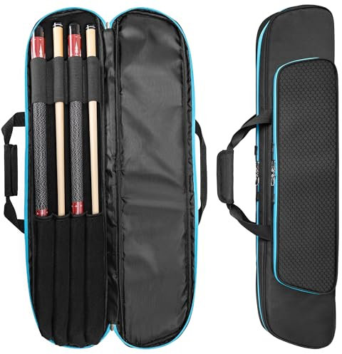 GOBUROS 2x2 Pool Queue Koffer für 2 Unterteile und 2 Schäfte, weicher Pool Stick Halter mit Zubehörtasche vorne, Billard Queue Tragetaschen mit Schultergurt für einfaches Tragen, Blau