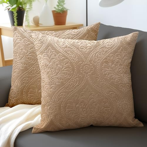 Encasa XO Samt Kissenbezug, ohne Füllung 50x50 cm Beige | Geprägtes Damast-Muster | Weicher Plüsch-Samt | Verdeckter Reißverschluss | Langlebig & Waschbar | 2er-Set