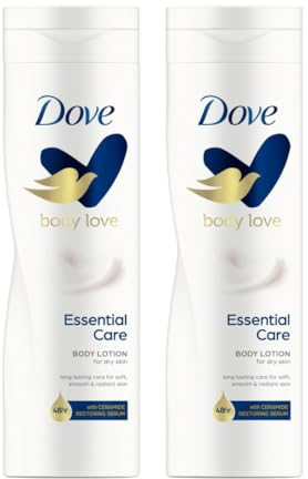 Dove 2-Pack Essential Care Body Lotion 250ml. Fast-absorbing Moisturiser for Dry Skin. Body Moisturiser Lotion Bundled with SAESR Cosmetic Bag. Rich Body Skin Care Moisturiser for Softer Skin.