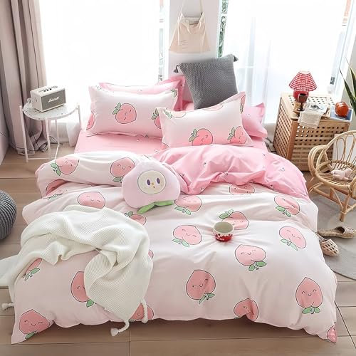 Tabeskly Kinder-Bettwäsche-Set für Doppelbett, rosa Erdbeere, niedlich, weicher Reißverschluss, 3-teiliger Bezug, Bettbezug und Kissenbezüge, mild gemütlich, günstig, 200 x 200 cm