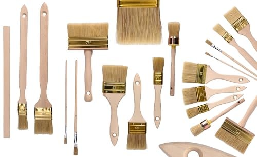 ToolSpace - Pinselset zum Streichen von Wänden und schwierigen Flächen - Tapetenpinsel, Kaloriferpinsel, Flachpinsel, Rundpinsel, kleine Flachpinsel, Holzrührer - Naturborstenpinsel für DIY, Wand