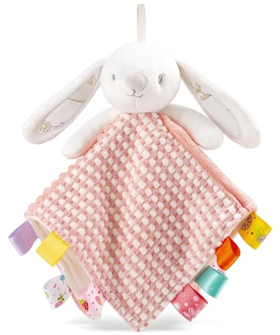 EAQ Baby Comforters with Taggies and Bell 38x38cm Baby Essentials for Newborn soft baby toys for Newborn baby girl Easter gift (Rabbit)