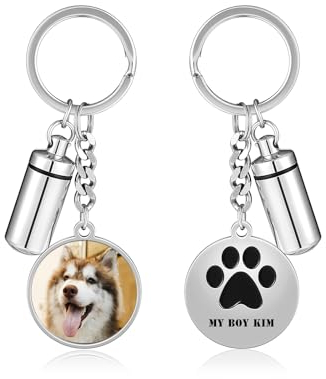 PiercingJak Schlüsselanhänger mit Foto Text Gravur Hund Katze Pfote Memorial Asche Urnen Flasche Anhänger Andenken Erinnerung Schmuck Personalisierte Geschenke, Silber