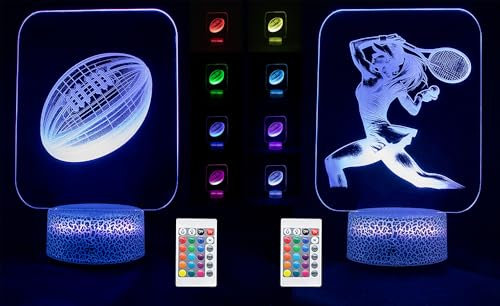 2er Set 3D Sport Nachtlicht für Kinder und Erwachsene, LED Lampe mit 16 Farben, Fernbedienung und Touch, USB oder Batteriebetrieb, Deko Licht für Schlafzimmer, Geburtstag-Weihnachten (Tennis Frau)