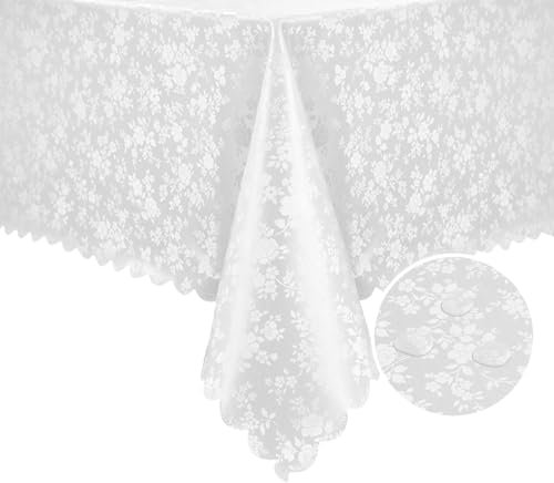 Romanstile weiße Tischdecke Weihnachten abwaschbar 240 x 140 Wachstuch meterware rechteckig 350GSM mit Wellenkante,wasserdicht,wetterfest,pflegeleicht deko für Party,Silvester,Outdoor,Esstisch,Feste