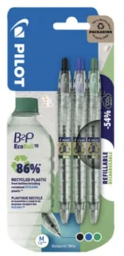 PILOT Bottle 2 Pen - Pack of 3 Retractable Gel Ink Pens - 1 Black 1 Blue 1 Green - Made from Recycled Materials - Refillable