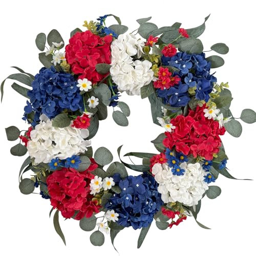 WANNA-CUL Patriotic Wreath Decorations, 24 Inch Hydrangea 4th of July Wreaths for Front Door, Red White Blue Spring Door Wreath for Independence Day, Memorial Day for Indoor Outdoor Decor