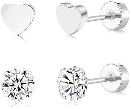 Artskin 2 pares de pendientes de espalda plana para mujer de titanio CZ y corazón plano de espalda plana pendientes de tuerca para múltiples orejas perforadas pendientes hipoalergénicos para orejas