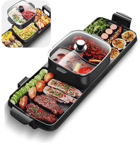 Hotpot Grill, Indoor Smokeless Korean Bbq, Shabu Shabu Electric Hot Pot with Divider, Portable Table Party Bbq and Hot Pot