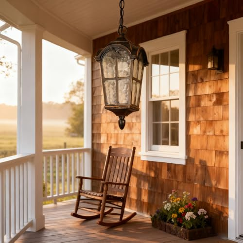 XINYASEE ​Vintage Iron Outdoor Pendant Light with Textured Glass Panel, Hanging Lantern for Porch/Garden/Patio, Farmhouse Style Outdoor Lighting Fixture​(DD-H)