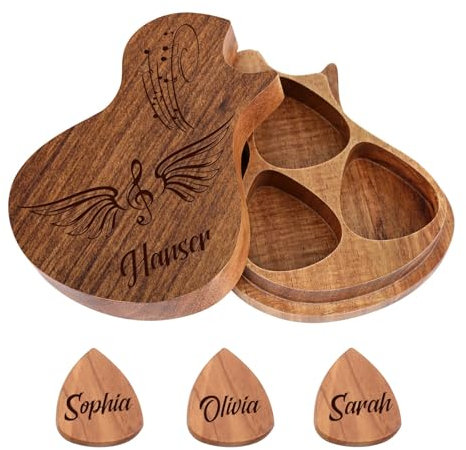 Personalisierte Gitarren-Pick-Koffer mit 3 Picks, benutzerdefinierte Name graviert hölzerne Gitarre Picks Halter Geschenke für Ihn Ihr Freund Geburtstag Weihnachten Valentinstag