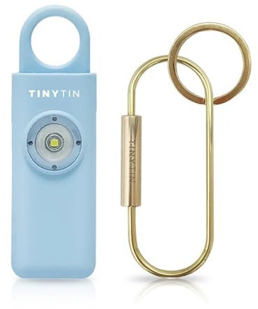 TinyTin Alarme de sécurité personnelle, China Blue, Outil d'autodéfense, Alarme de sécurité féminine originale avec sirène, lumière stroboscopique LED et porte-clés, 130 dB, rechargeable
