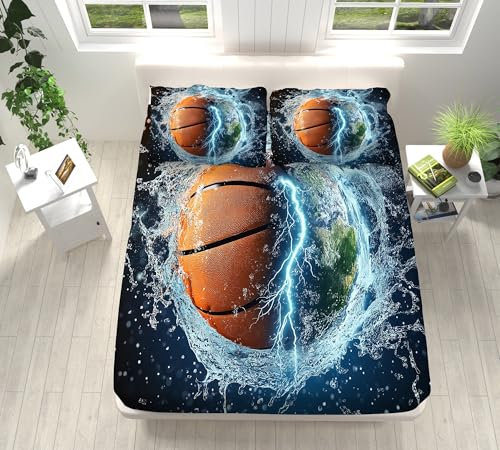 Basketball Blitz Spritzer Print Spannbetttuch 140 x 200 cm Spannbettuch Bis 30 cm Matratzenhöhe Weiche Polyester Blau Bettlaken für Schlafzimmer Dekor mit 2 Kissenbezug
