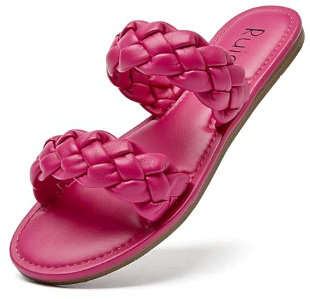 Ruiee Women's Flat Slides Sandals,Summer Casual Comfortable Beach Cool Braided Strap Slippers Shoes for Women.(LR22002,Pink,Size5)