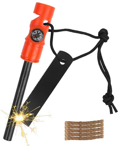 MOSTFUN Flint and Steel Fire Starter Kit, Magnesium Ferrocium Rod Fire Steel 5 in 1 Flint Striker Multi Tool with Compass Whistle Hemp Rope Scraper with Scale for Camping Hiking Outdoor (Orange)