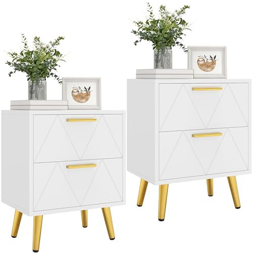 YITAHOME 2er-Set Nachttische mit 2 Schubladen, Moderner Nachttisch mit goldenen Metallbeinen und Griffen, Beistelltisch mit Stauraum für Wohnzimmer, Schlafzimmer, 40 x 30 x 52 cm (Weiß)