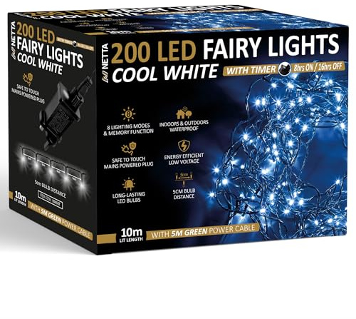 NETTA Christmas Tree Lights 200 LED 10m Fairy String Lights Plug in with Timer and Memory Functions for Outdoor/Indoor Use -Cool White