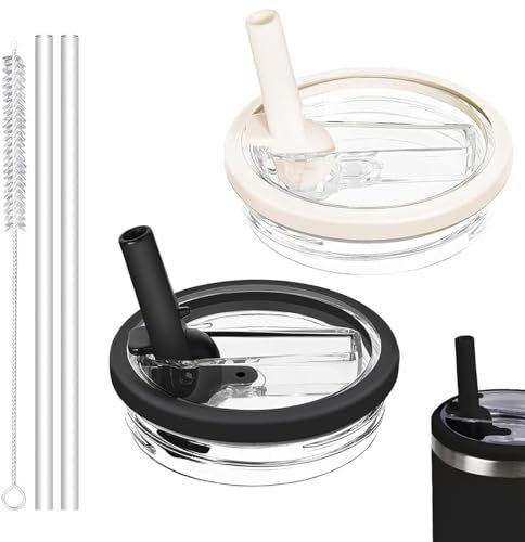 2 Pièces Stanley Cup Couvercle Étanche, Remplacement de Couvercle pour Gobelet Stanley 40 oz, Avec 2 pailles et 1 brosse à paille, Accessoires pour Tasse Réutilisables (Beige + Noir)