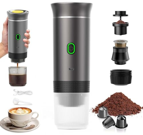 VHV Machine à Cafe Portable,3 En 1 Cafetière à Expresso Chauffage Électrique,12V Expresso Cafetière Rechargeable,Pour Bureau,Voyage, Maison,Compatible avec les Capsules Espresso et Café Moulu (Gris)