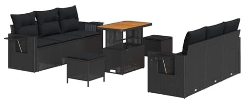 vidaXL Garten-Sofa-Set mit Kissen mit Speicher 9 pcs Schwarz, Garten und Terrasse, modernes Outdoor-Sofa-Set, UV-beständige Materialien, abnehmbare Kissen, Rattan Lounge-Möbel
