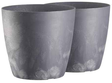 Tymar Lot de 2 pots à fleurs, pot en plastique moderne, mat, forme ronde (Béton Marengo, ø 35 cm)