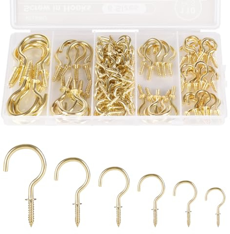 RELBRO Screw Hooks, 6 Sizes Metal Screw in Cup Hooks, 1/2 Inch, 5/8 Inch, 3/4 Inch, 7/8 Inch, 1 Inch, 1-1/4 Inch, Gold, 110 Pcs