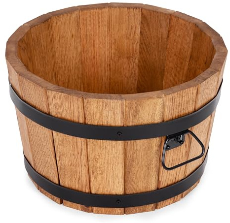 Drewdon Großer Eichen Holz Blumentopf Runder Garten Pflanzkübel mit Metallringen, Dekoratives Holzfass als Pflanztopf – Wetterfeste Blumenkübel für draußen, Balkon, Terrasse & Garten (Ø35 x H21)