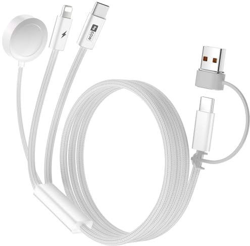 CKFN Ladekabel Magnetische für Apple Watch Ladegerät 1.5M, 3 in 2 Multi Ladekabel 60W USB C Schnellladegerät Lightning Kabel für iPhone 17/16/1514/13/12 iPad, iWatch Ultra/SE/11/10/9/8/7/6/5/4, Weiß