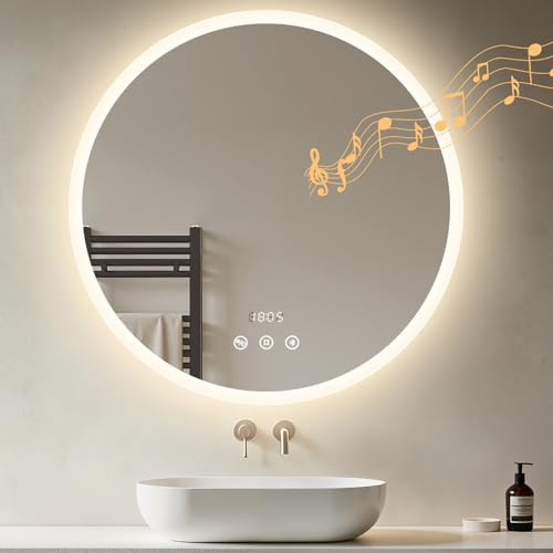 Heilmetz LED Badspiegel Rund 80cm mit Bluetooth Lautsprecher & Acrylrahmen, Badezimmerspiegel mit Beleuchtung & Uhr, Wandspiegel Antibeschlag, 4300K Naturweiß, IP44 Energiesparend für Badezimmer