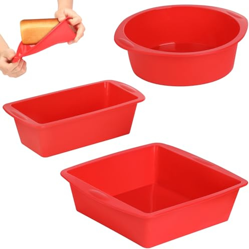 Cozary Stampo per Dolci in Silicone Alimentare, Set da 3 Pezzi - Tortiera Antiadderente per Forno, Microonde e Lavastoviglie, Rotonda + Rettangolare + Quadrata (18 cm, 23x13 cm, 20x20 cm), Rosso