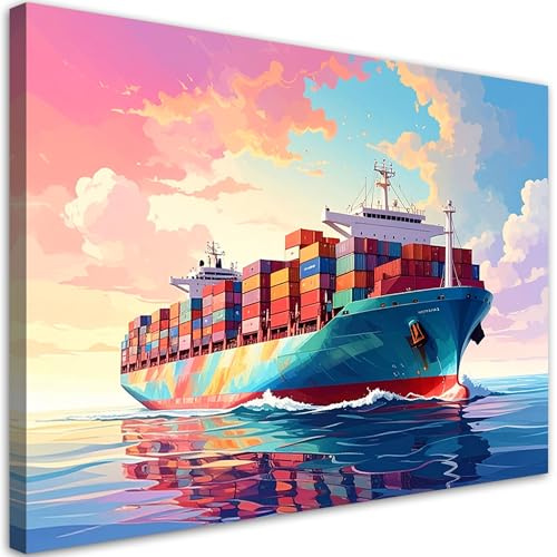 Feeby Bild auf Leinwand - Wandbilder Wohnzimmer Aesthetic - Containerschiff buntes Schiff - 45x30 1tlg - Schlafzimmer Wandekoration - Bilder Zimmer - Living Room - Deko Wandbilder - Moderne Bild