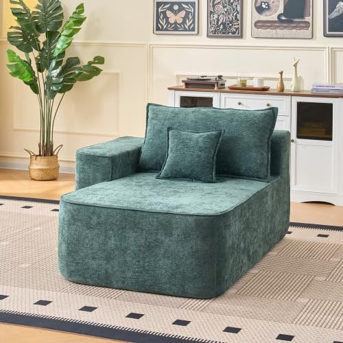 feynoss Sofa Chaiselongue ohne Montage, weiches Bodensofa mit Kissen & Seitentaschen, Bequeme Recamiere für Wohnzimmer, Schlafzimmer, Gästezimmer, Grün