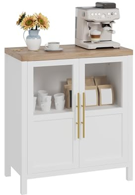 Niwugady Sideboard mit 2 Glastüren, Modernes Landhaus Design, Verstellbare Einlegeböden & Schubladen, Ideal als Flur, Küchenschrank, Buffet oder Weinbar für Küche, Esszimmer, 73 x 40 x 86cm, Weiß