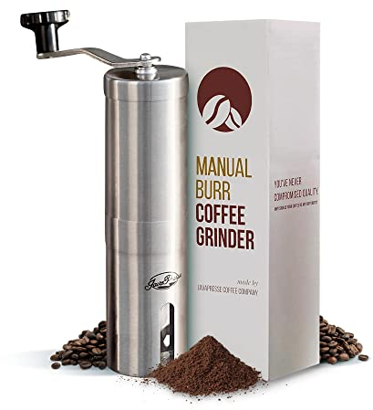 JavaPresse Coffee Company Manual Coffee Grinder, Conical Burr Mill, Brushed Stainless Steel