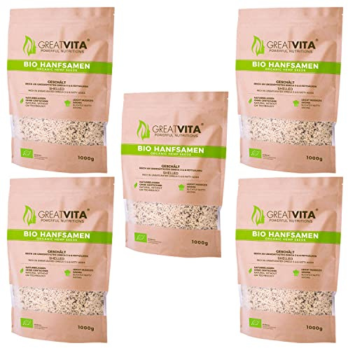 GreatVita Bio Hanfsamen, geschält, (5 x 1000g) natürliches Protein, Eiweiß