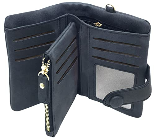 YOTOO RFID-Leder-Geldbörse für Damen, mit Handgelenk, Clutch, große Kapazität, Reißverschluss, Geldbörse für Münzen, Kartenhalter, Organizer, Schwarz, M, Bi-Falz