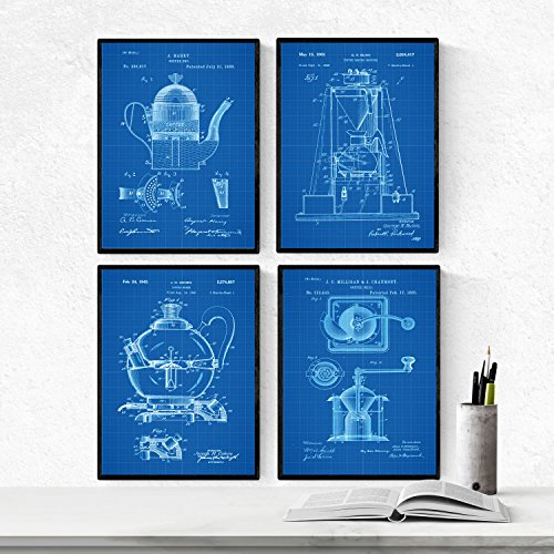 Nacnic Azul - Pack de 4 Láminas con Patentes de CAFETERAS. Set de Posters con inventos y Patentes Antiguas. Elije el Color Que Más te guste.