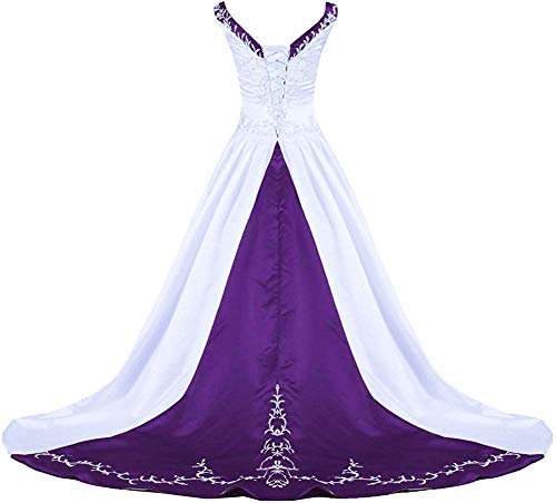 Zorayi Femme Elégante V-col Robes de Mariée Broderie Satin Robe de Mariage A-Ligne Robes de Nuptiale Chapel Train Blanc & Violet Taille 50
