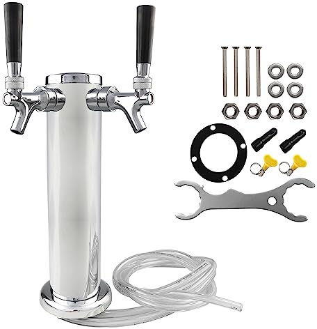 PERA Double Tap Beer Tower - Stainless Steel 3 Diameter Draft Beer Keg Kegerator Dispenser with wrench for Home Brewing Beer Equipment