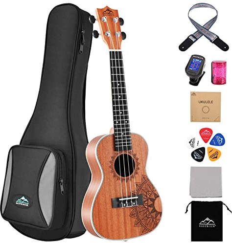 EASTROCK Ukulele concerto per principianti Kit per ukulele in legno sapele da 23 pollici con borsa addensata, accordatore, cinturino, corda di carbonio, set di panno per la pulizia