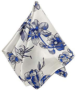 NC Halstuch, Taschentuch, Einstecktuch, Seiden-Satin mit orientalischem Kunstmuster, Blumenzweig, blaues Muster, Größe M