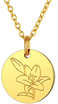 FindChic Kette Geburtsblume für Damen Edelstahl Halskette Trendiger Rundanhänger mit Lilie Mai Geburtsmonat Verstellbare Länge 45+5cm Gold