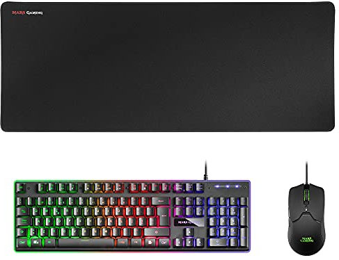 Mars Gaming MCPX, Combo Gaming 3en1 con Teclado H-Mech Iluminado, Ratón Ultraligero 10000 dpi con Software y Alfombrilla XXL, Compatible con PC, PS4, PS5, Xbox, Portugués, Negro