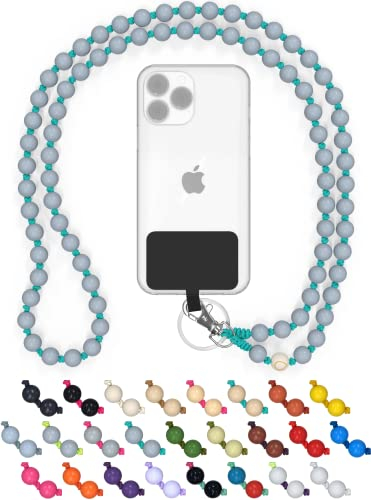 DROPLETSY Holzperlen Handykette universal, handgefertigt, Schlüsselband, Kette, Necklace zum Umhängen - kompatibel mit Allen Smartphones: Apple iPhone, Samsung Galaxy (ohne Hülle, Mint Shark)