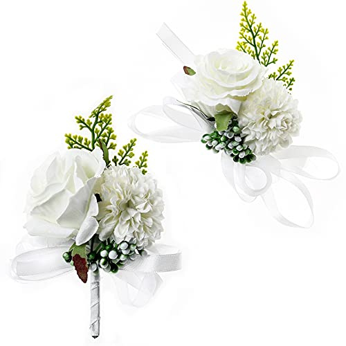 2 Pack Wedding Wrist Corsage and Boutonniere Set - Artificial Buttonholes Flowers for Men and Wristband Roses for Women, White Prom Flower Corsage for Ceremony, Anniversary
