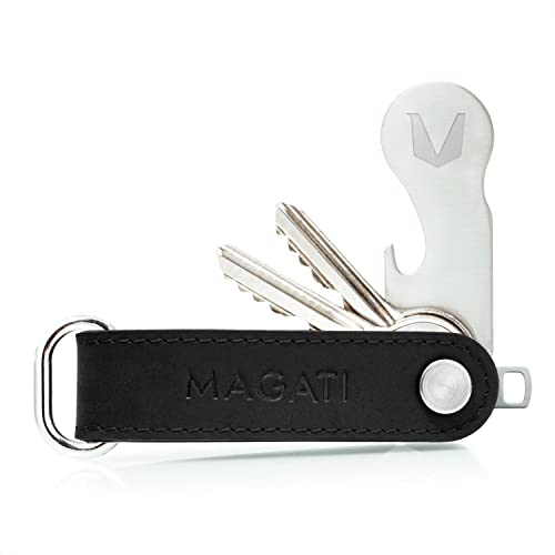 Key Organizer - Schlüsseletui aus Echtleder, Edelstahl mit Schlüsselfundservice, Einkaufswagenlöser, Flaschenöffner, Profiltiefenmesser - Tiefschwarz Black Line