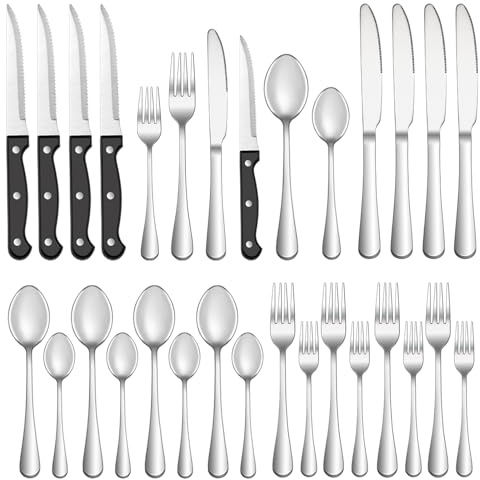 24 Pcs Silverware Set with Steak Knives Service for 4,Stainless Steel Flatware Set,Mirror Polished Cutlery Utensil Sets,Home Kitchen Eating Tableware,Include Fork Knife Spoon,Dishwasher Safe